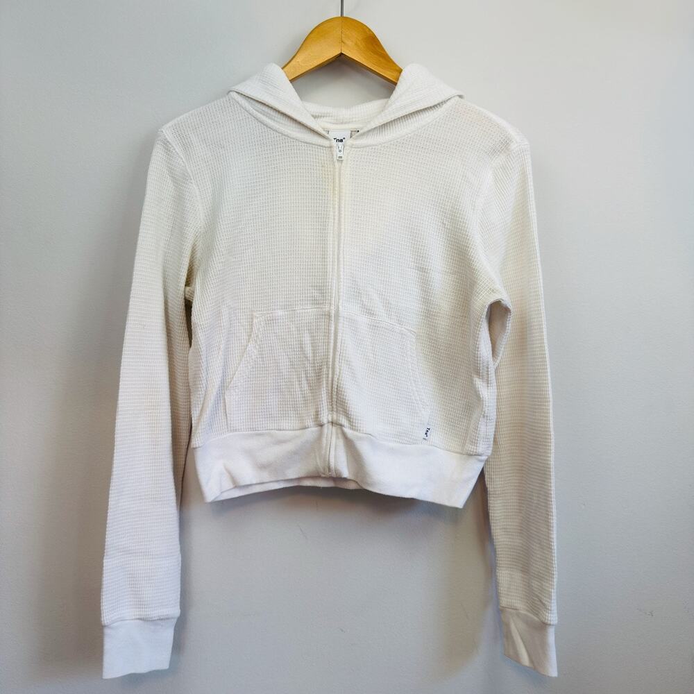 Aritzia TNA Women's Front Zip Hoodie Size S | White Waffle-knit Cropped